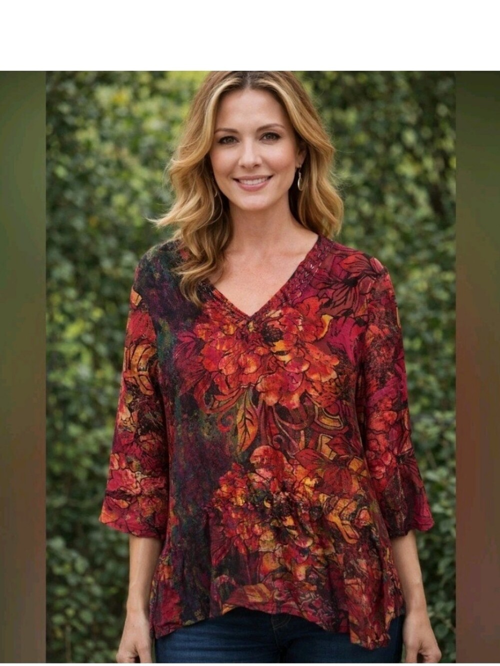Chicos Women’s Floral Print Sheer Beaded Tunic Shirt Size 2 LARGE SILK BOHO